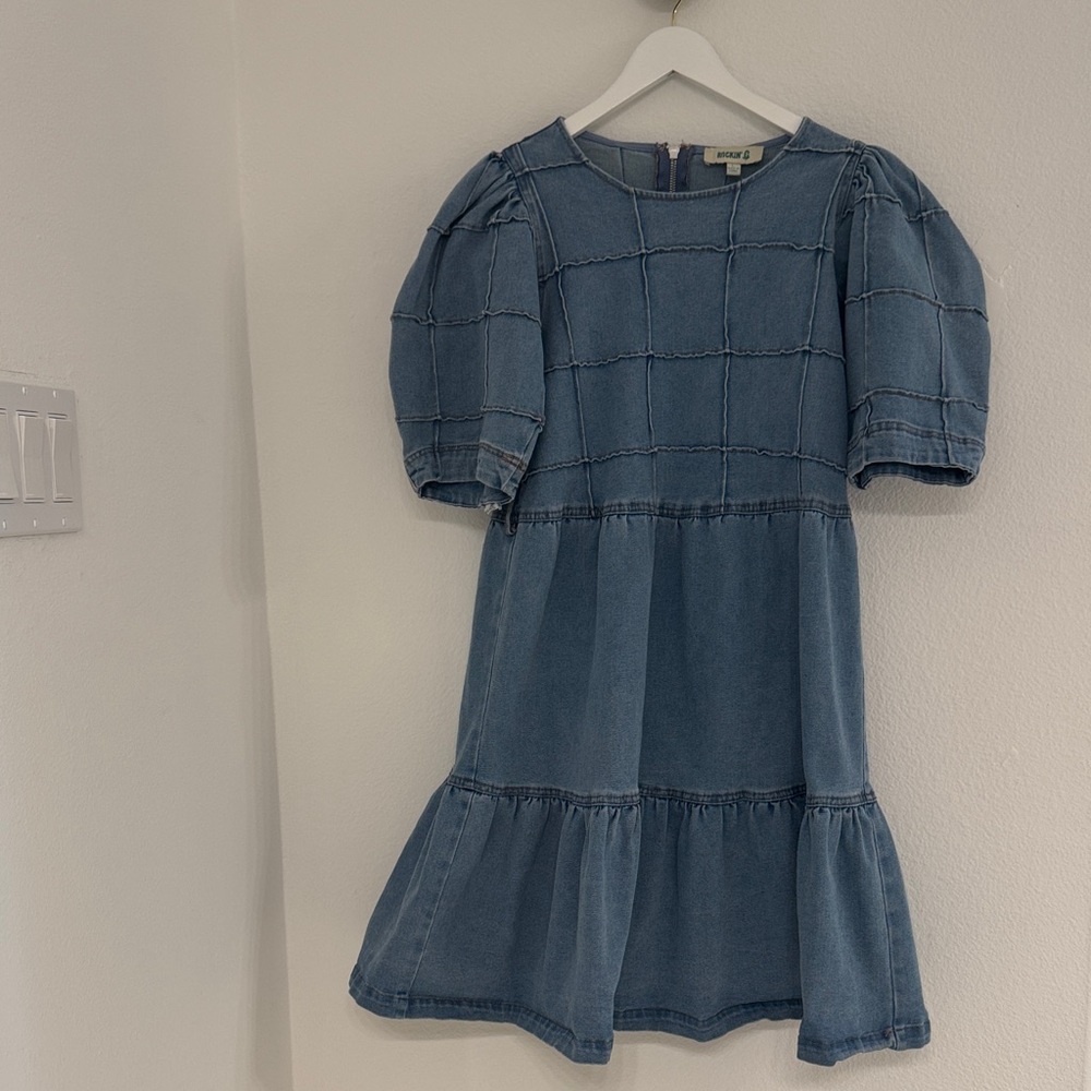 Mango Blue Denim Puff-Sleeve Midi Dress